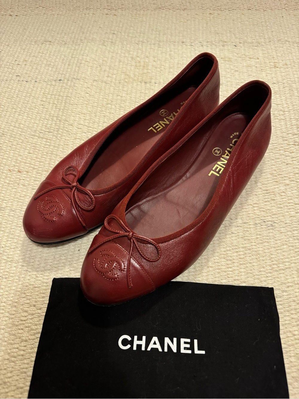 CHANEL Burgundy Leather Ballet Flats